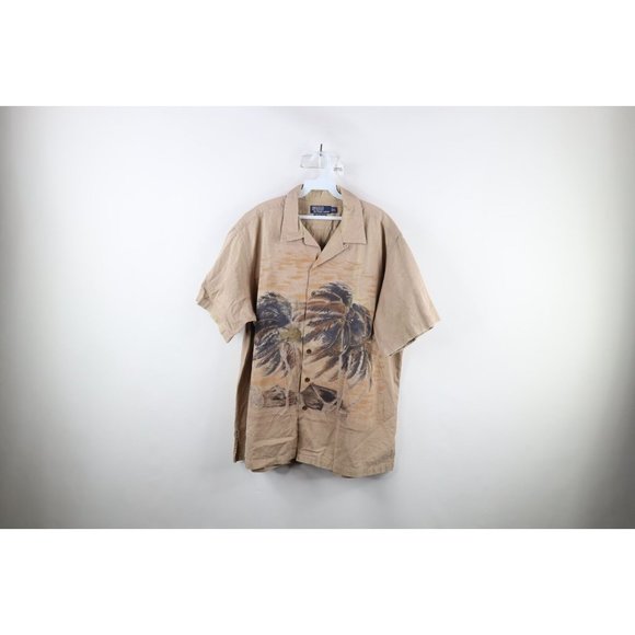 Vintage 90s Ralph Lauren Mens XL Looped Collar Beach Camp Button Shirt Brown